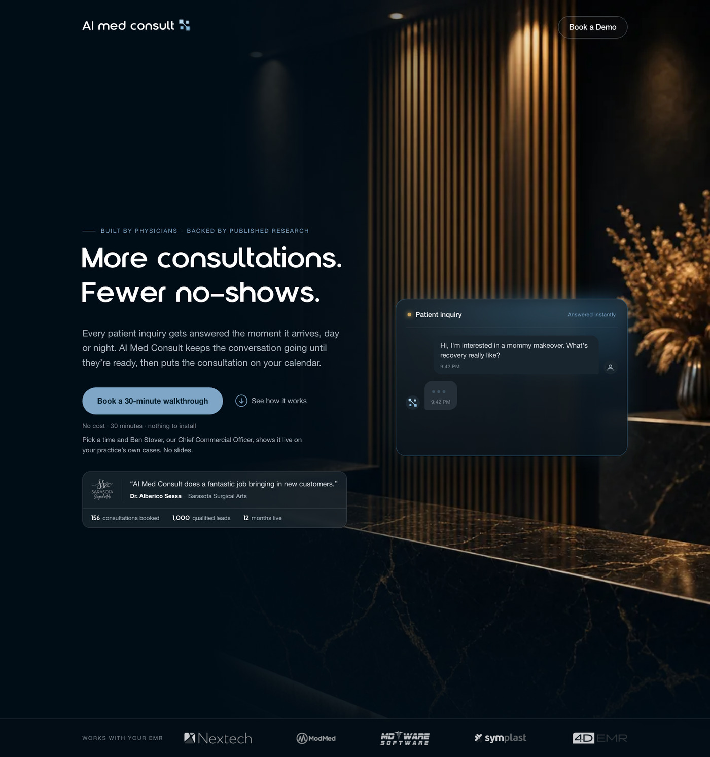 AI MedConsult launch landing page, showing the headline More consultations. Fewer no-shows., a live patient inquiry panel, a named practice result, and the supported EMR systems.