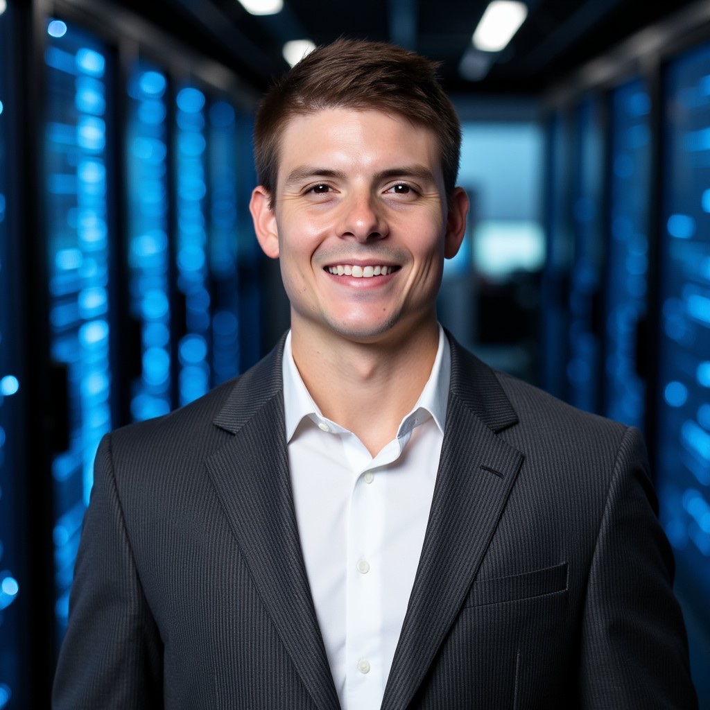 AI headshot example: data center corridor portrait